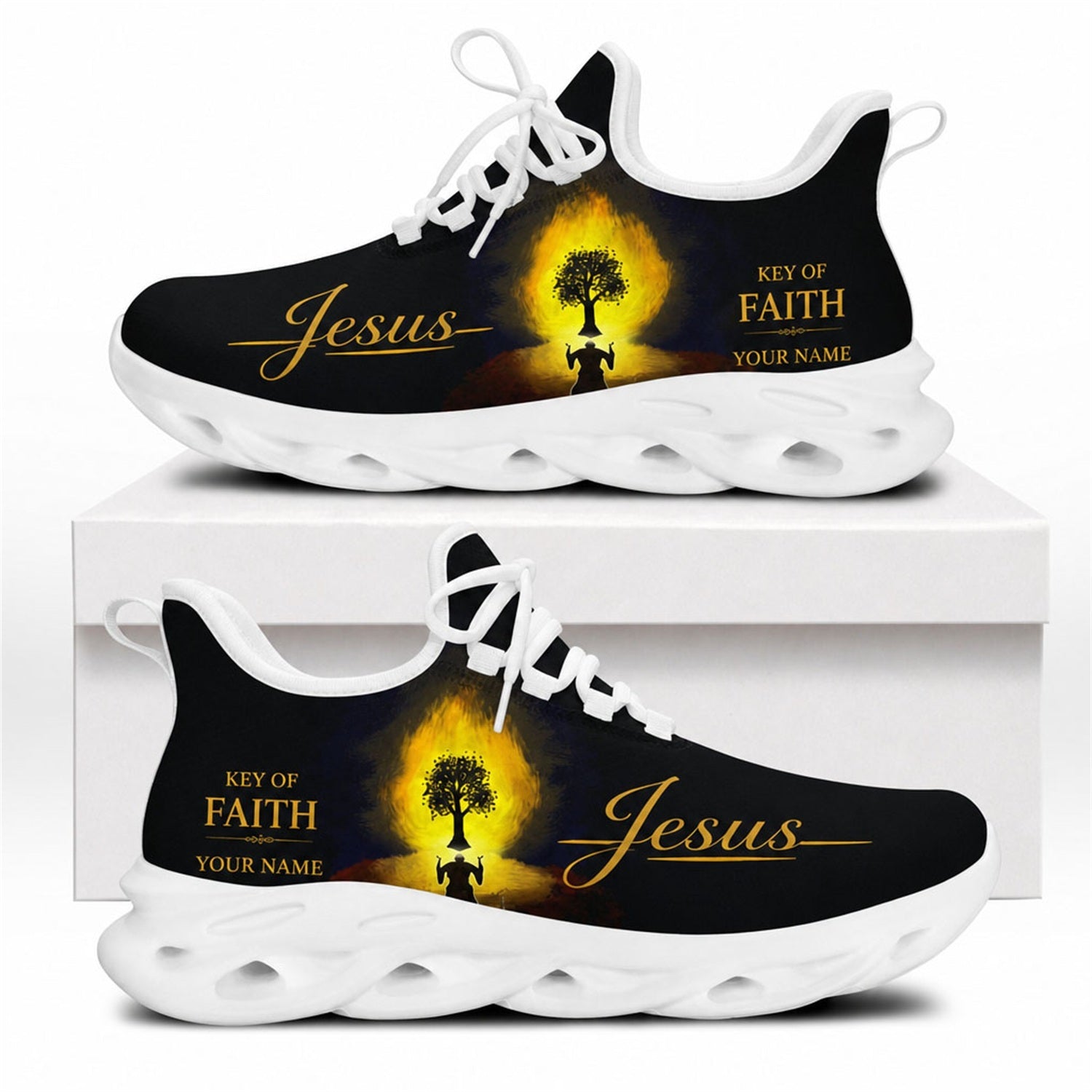 Side view of Christian Jesus shoes with a burning tree design and custom name zone on white outsoles
