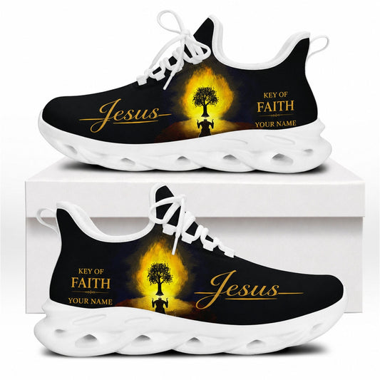 Side view of Christian Jesus shoes with a burning tree design and custom name zone on white outsoles