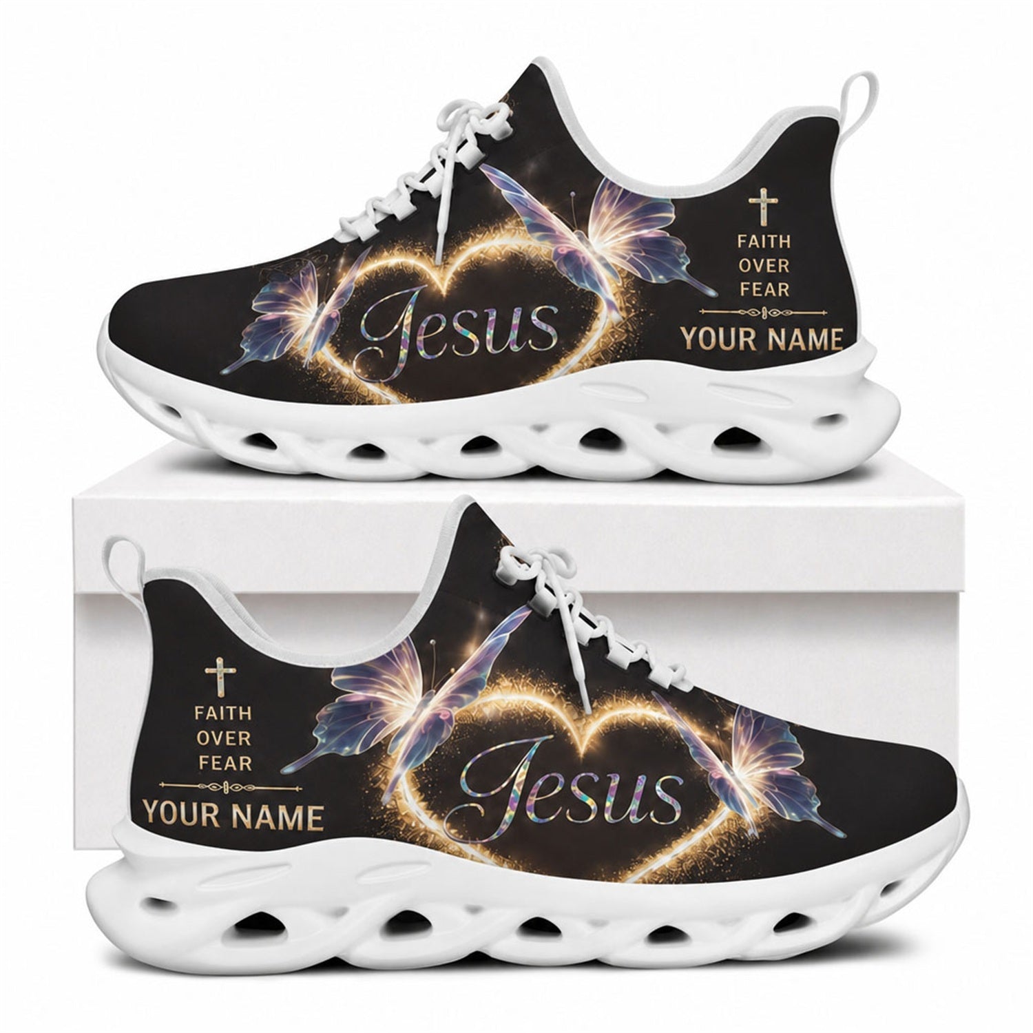 Side profile of Christian Jesus shoes showcasing the elegant butterfly and neon faith design on white outsoles
