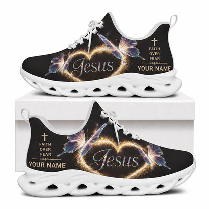 Side profile of Christian Jesus shoes showcasing the elegant butterfly and neon faith design on white outsoles