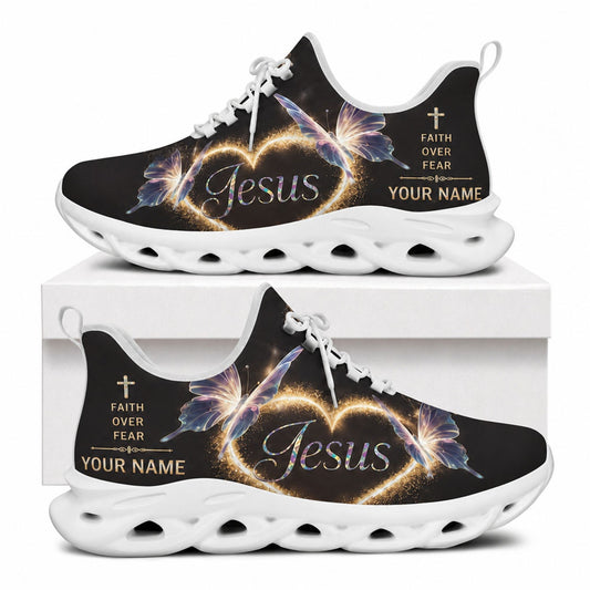 Side profile of Christian Jesus shoes showcasing the elegant butterfly and neon faith design on white outsoles