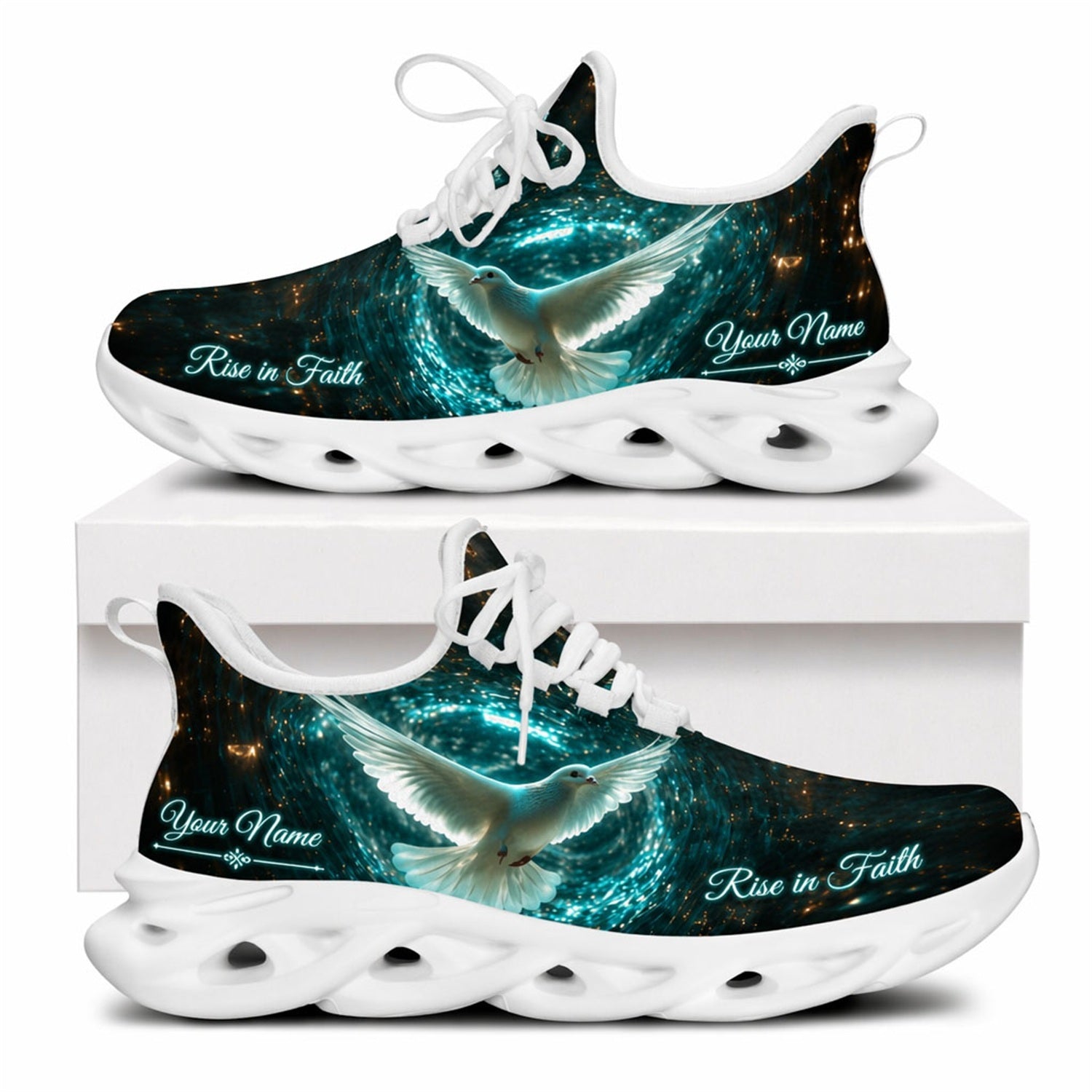Side view of Christian Jesus shoes with a cosmic dove design and personalized name zone on white outsoles