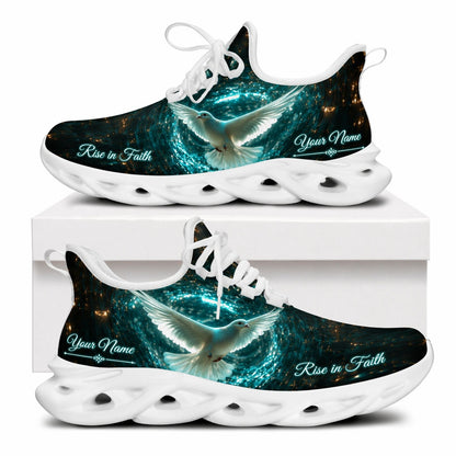 Side view of Christian Jesus shoes with a cosmic dove design and personalized name zone on white outsoles