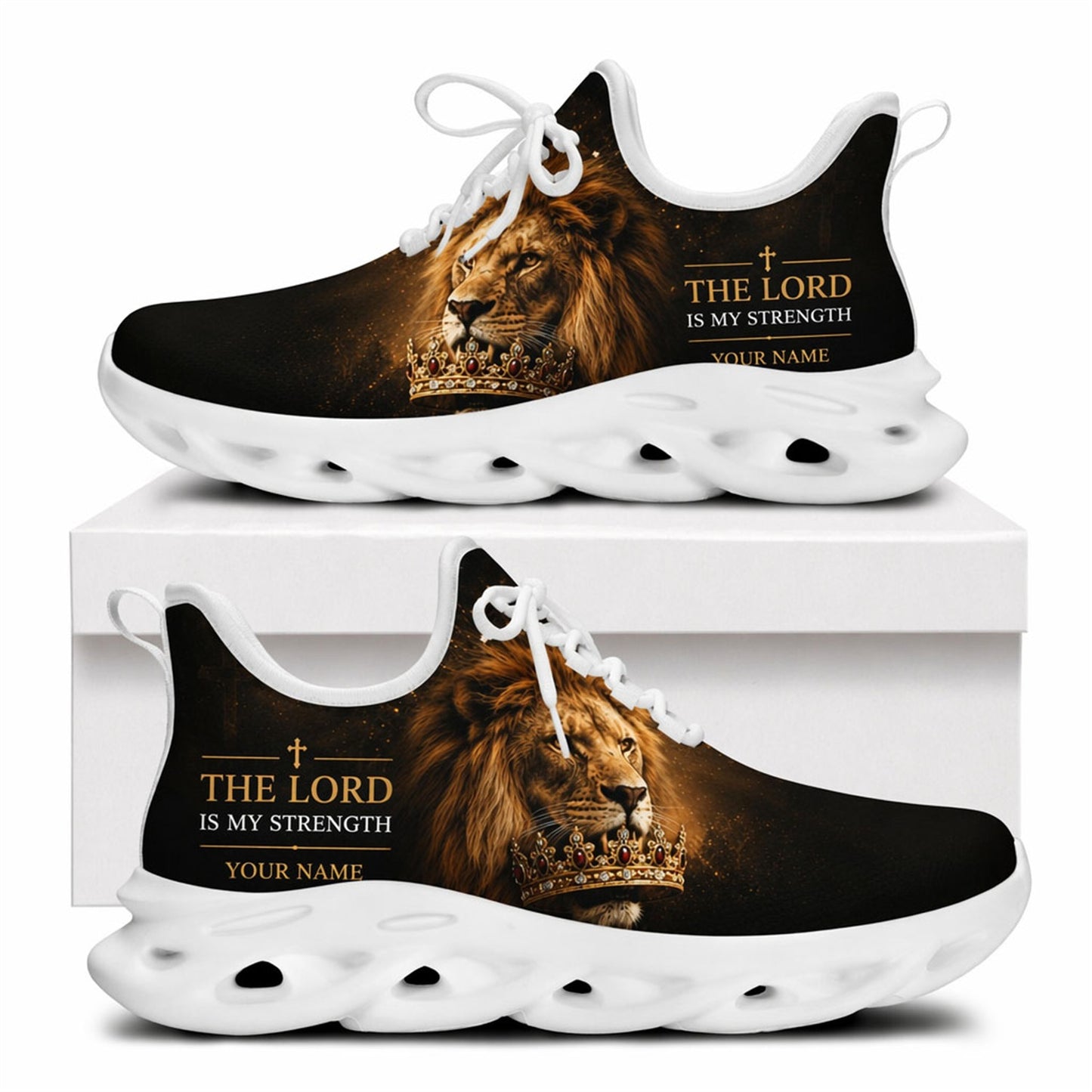 Side profile of Christian Jesus shoes showing the crowned lion design on a white traction outsole