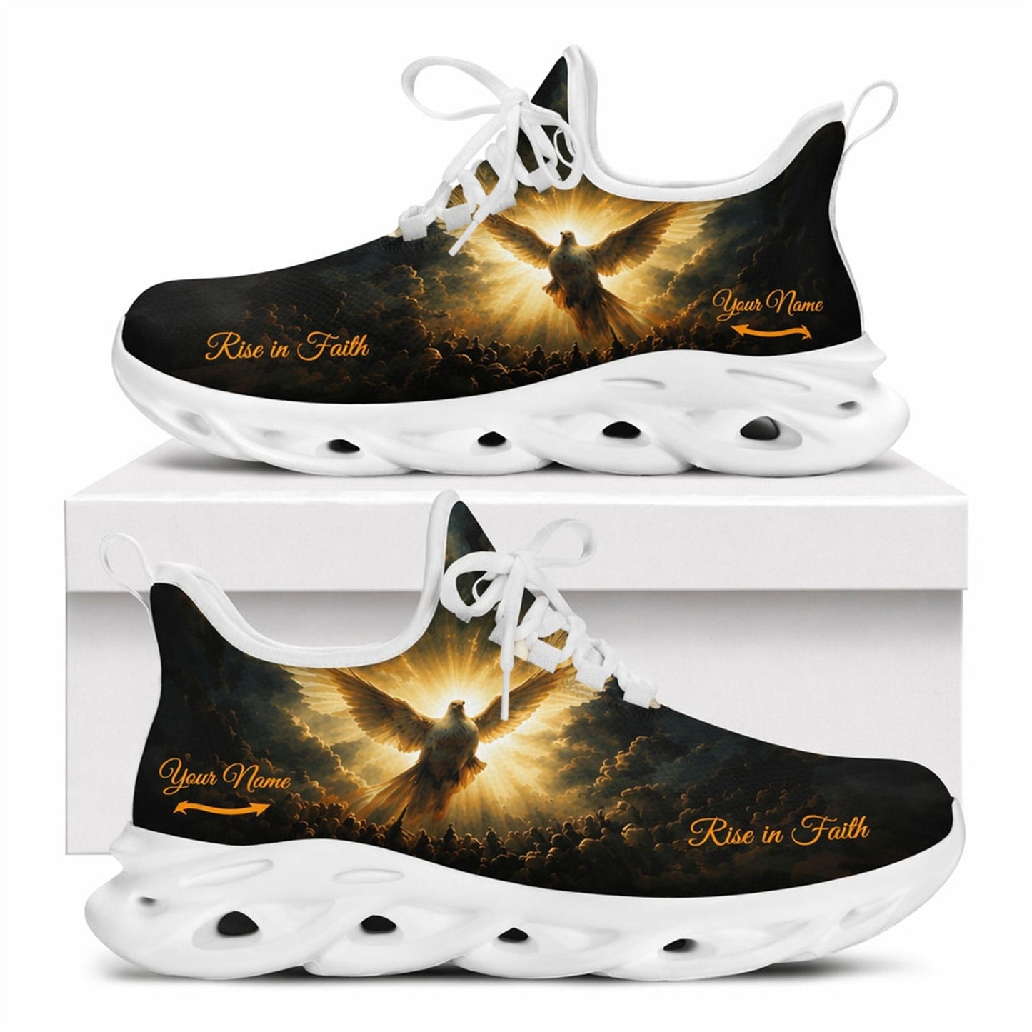 Side view of Christian Jesus shoes with a luminous dove design and personalized name zone on white outsoles