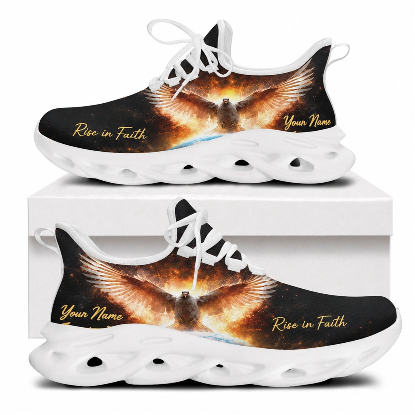 Side profile of Christian Jesus shoes showing the cosmic eagle and planet Earth on white outsoles