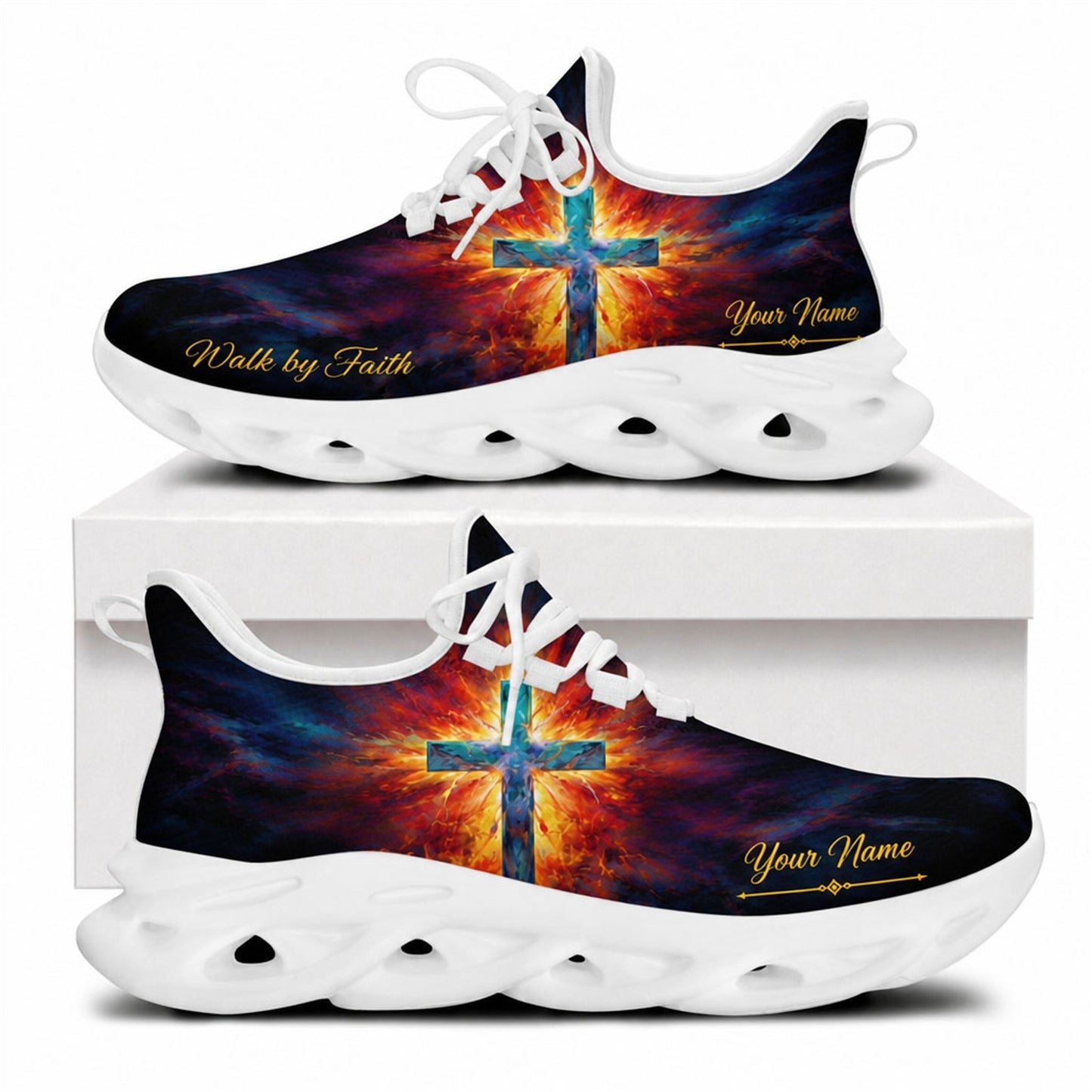 Side view of Christian Jesus shoes with a radiant explosion cross design and name zone on white outsoles