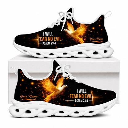 Side profile of Christian Jesus sneakers showing a radiant flying dove and cross graphics on white soles