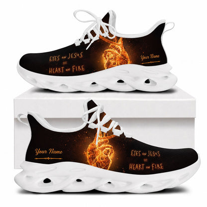 Side view of Christian Jesus shoes with a flaming heart design and custom name zone on white outsoles