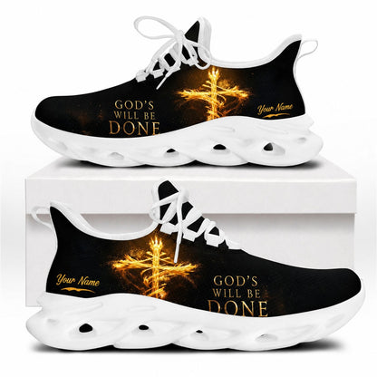 Side profile of Christian Jesus sneakers showing a brilliant golden fire cross on white wavy outsoles