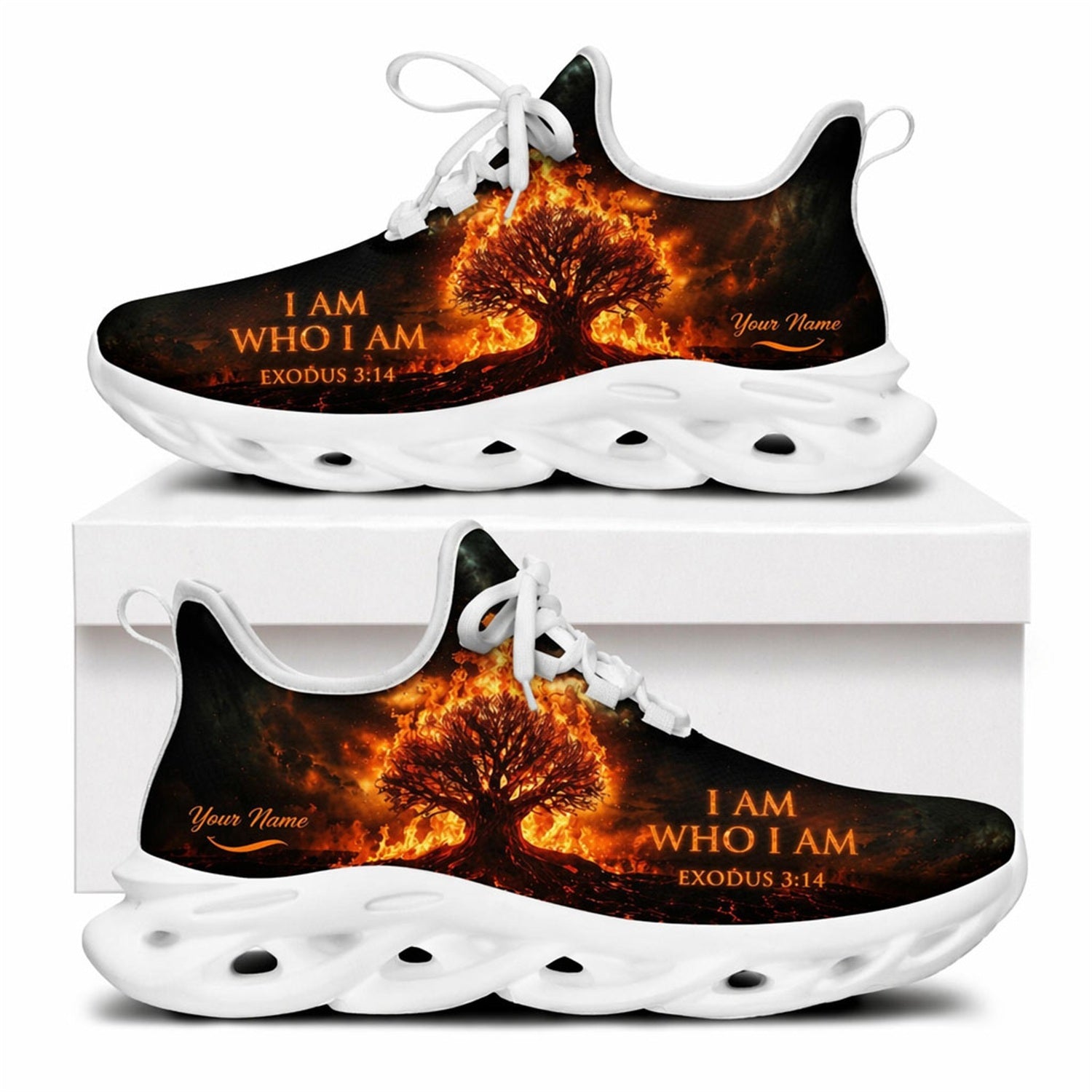 Side profile of Christian Jesus sneakers featuring the glowing "I Am Who I Am" text and fire tree on white outsoles
