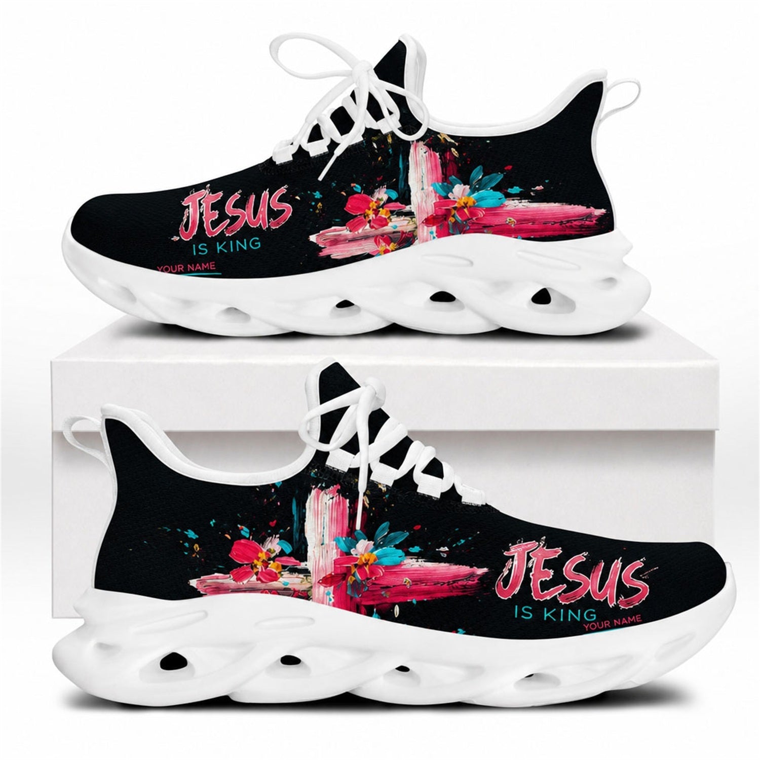 Side profile of Christian Jesus shoes showcasing the vibrant pink abstract paint cross on white outsoles