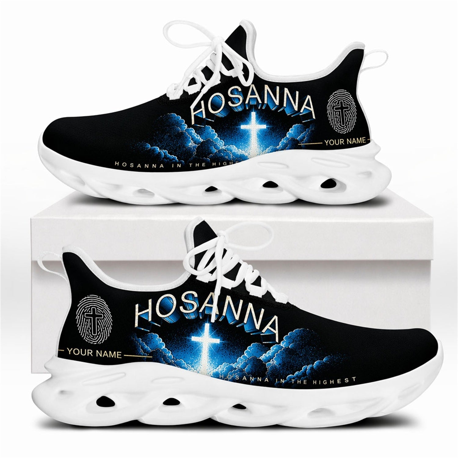 Side profile of Christian Jesus shoes showcasing the radiant cross and "Hosanna" 3D lettering on white outsoles