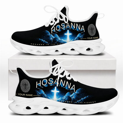 Side profile of Christian Jesus shoes showcasing the radiant cross and "Hosanna" 3D lettering on white outsoles