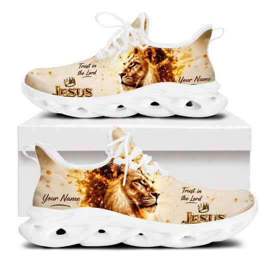 Side profile of Christian Jesus shoes showcasing the majestic gold lion profile on white soles
