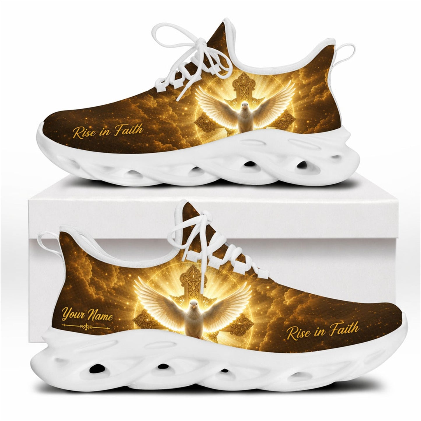 Side view of Christian Jesus shoes with a radiant dove and golden cross design and name zone on white outsoles