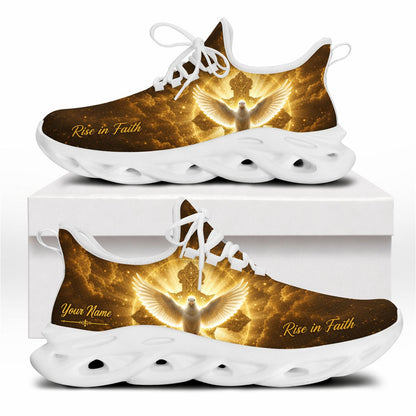 Side view of Christian Jesus shoes with a radiant dove and golden cross design and name zone on white outsoles