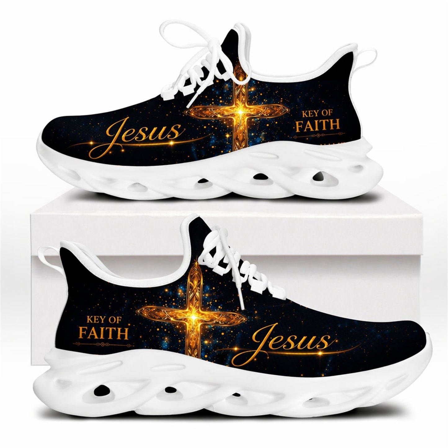 Side view of Christian Jesus shoes with a golden cross graphic and custom name zone on white outsoles