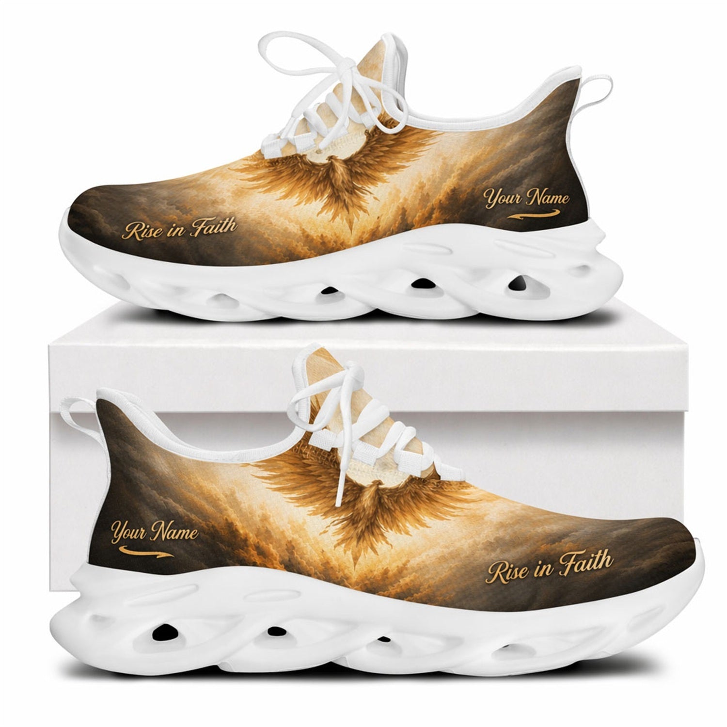Side profile of Christian Jesus sneakers showing the radiating gold eagle and "Rise in Faith" text on white outsoles