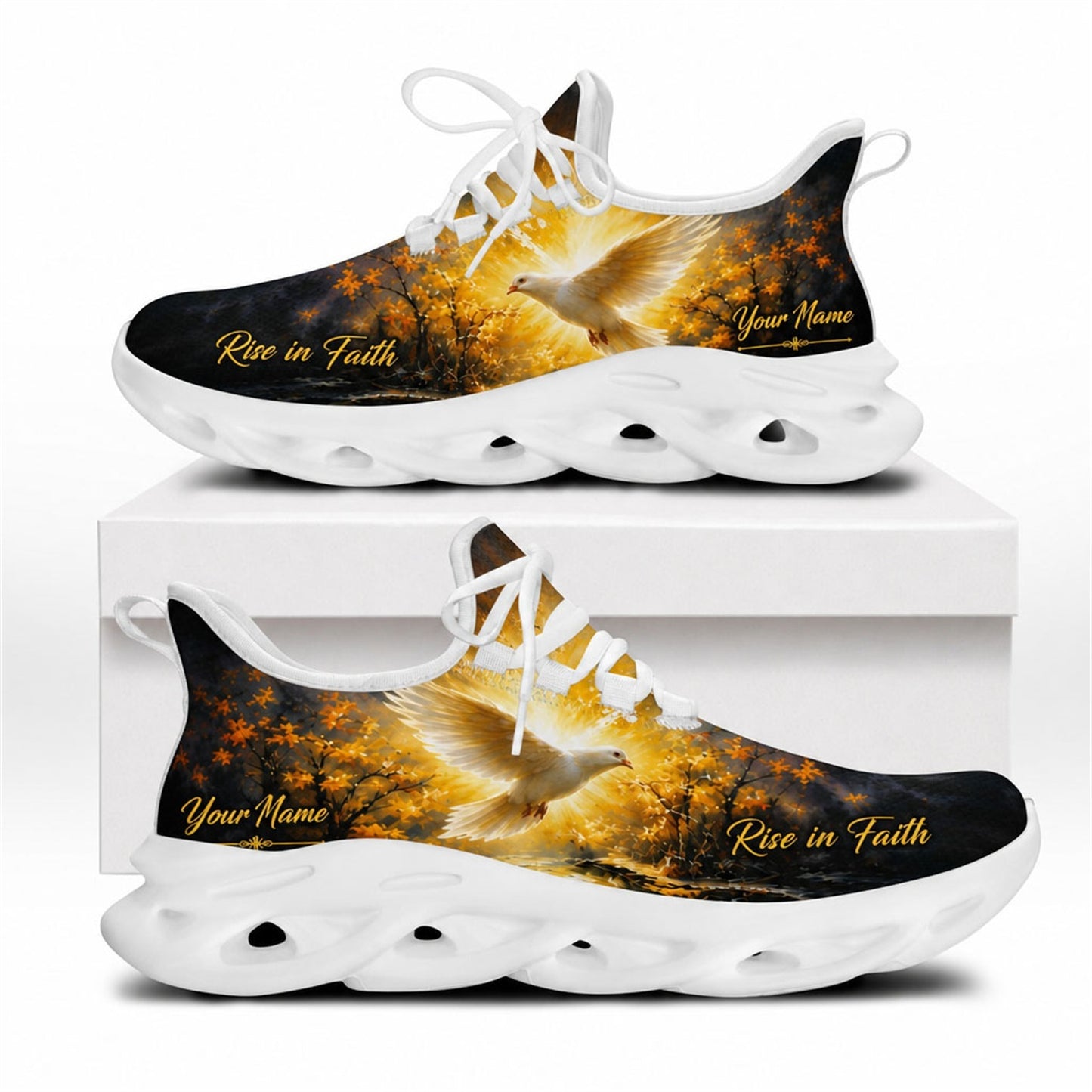 Side view of Christian Jesus shoes with a dove in autumn forest design and name zone on white outsoles