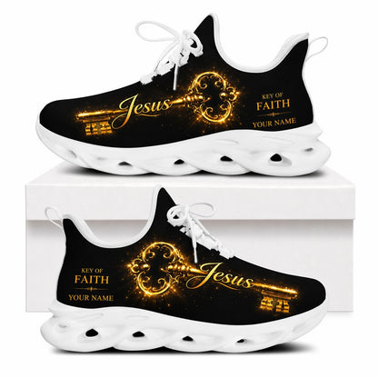Side view of Christian Jesus shoes with a key graphic and custom name zone on white outsoles