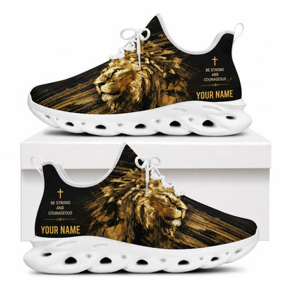 Side profile of Christian Jesus shoes showcasing the luxury 3D abstract gold lion on white outsoles
