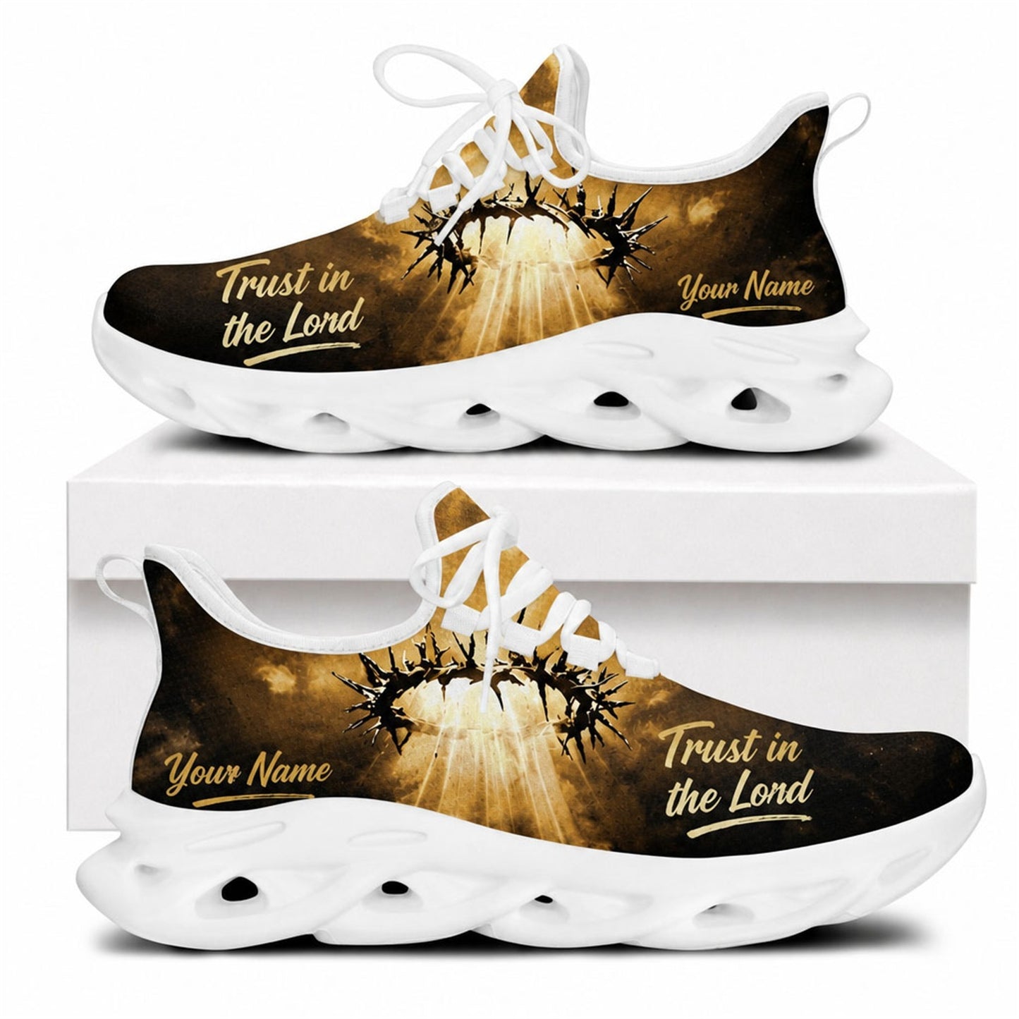 Side profile of Christian Jesus shoes showcasing the radiant holy crown of thorns artwork on white soles