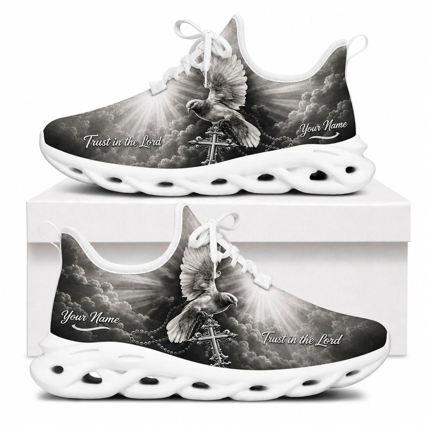 Side view of white-soled Christian sneakers with detailed gray dove, metallic cross, and custom name zone
