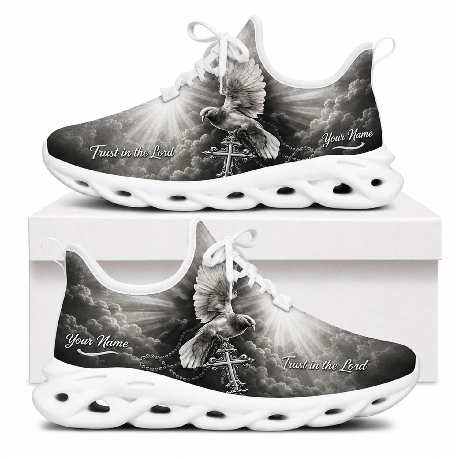 Side view of white-soled Christian sneakers with detailed gray dove, metallic cross, and custom name zone