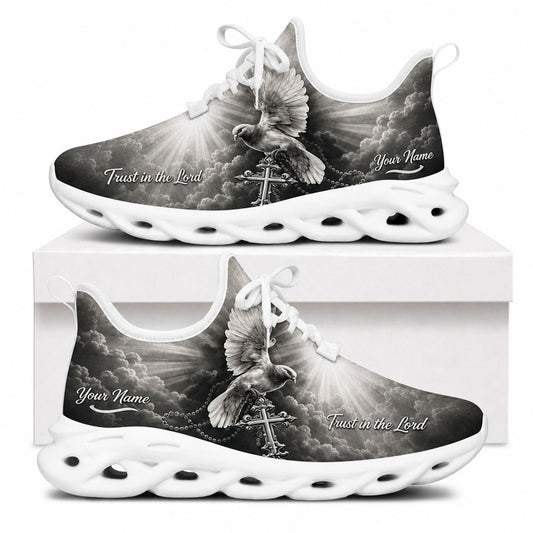 Side view of white-soled Christian sneakers with detailed gray dove, metallic cross, and custom name zone