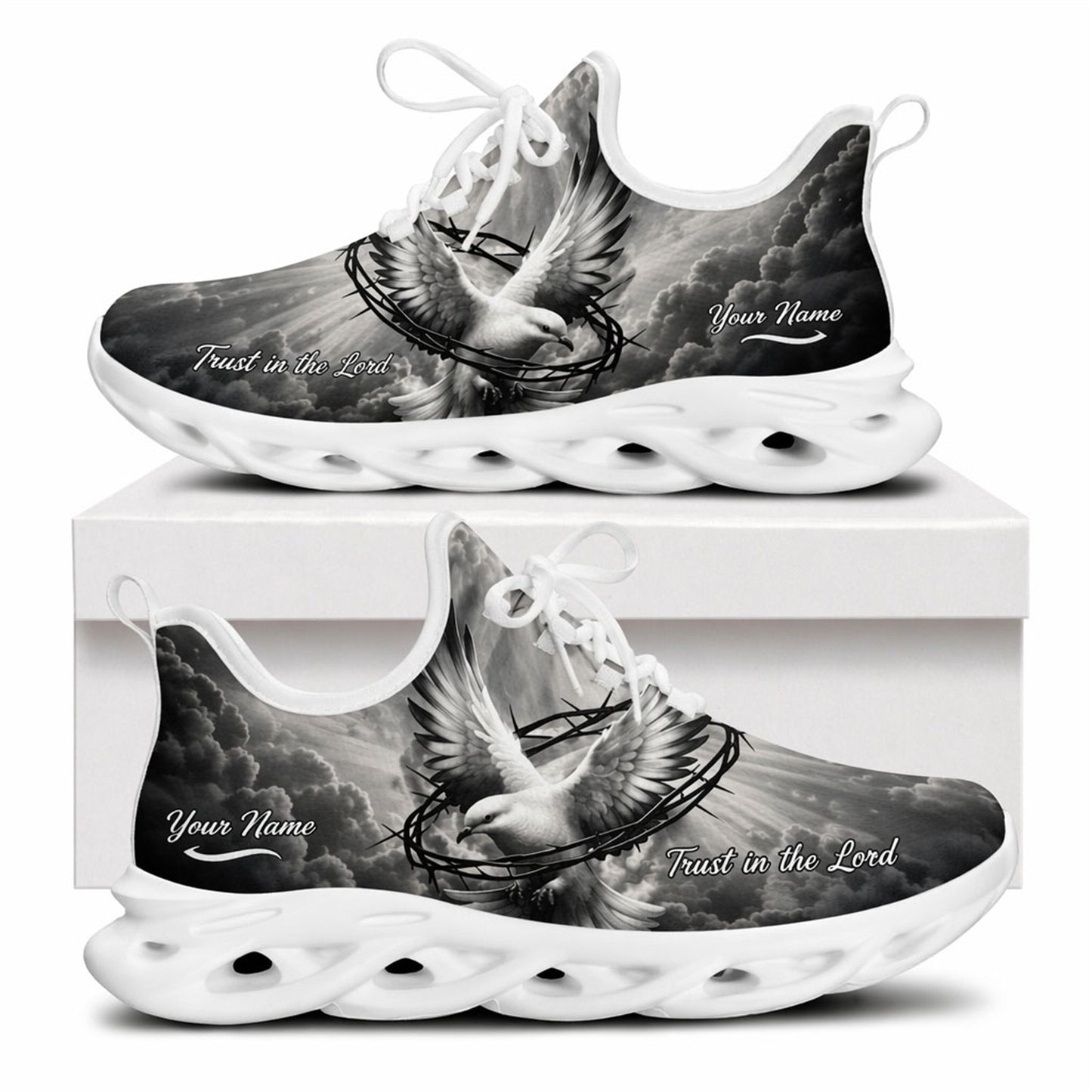 Side view of white-soled Christian sneakers with a gray dove, sharp thorns design, and custom name zone