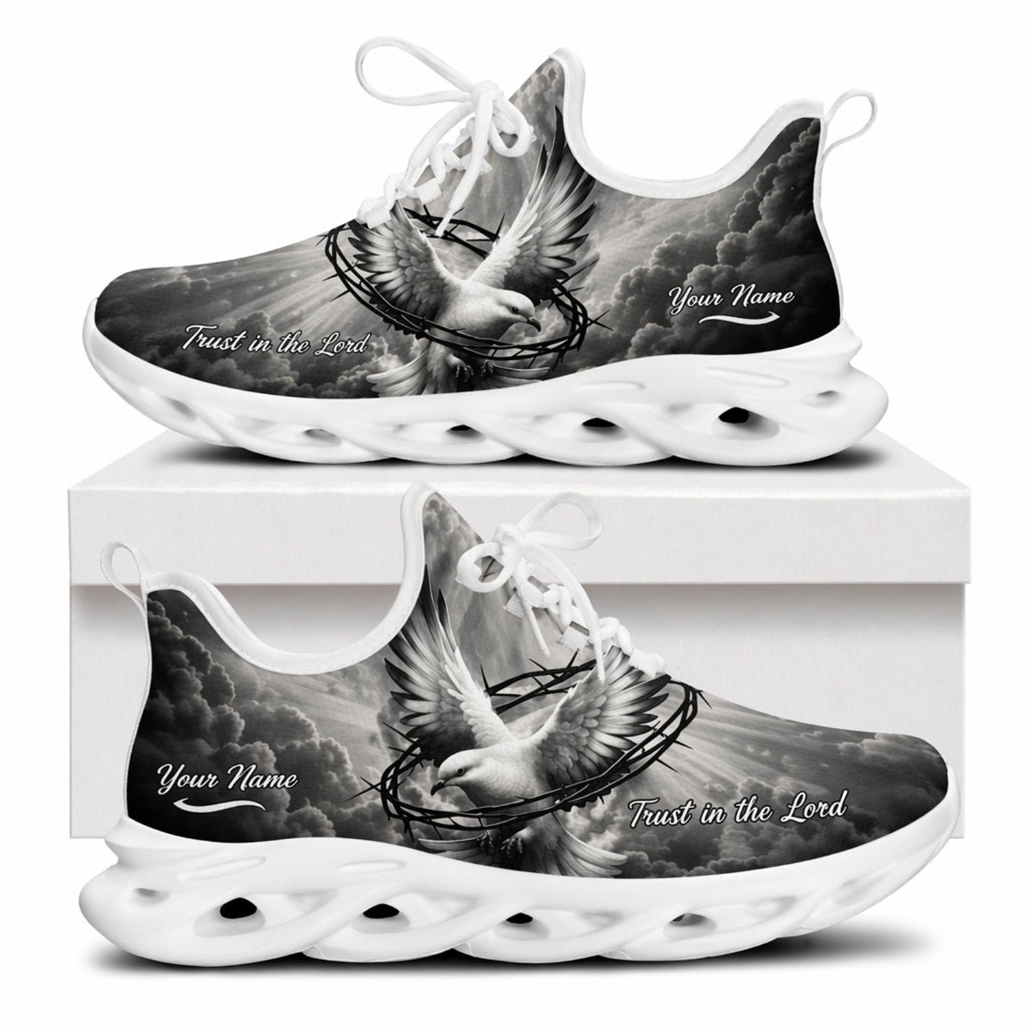 Side view of white-soled Christian sneakers with a gray dove, sharp thorns design, and custom name zone