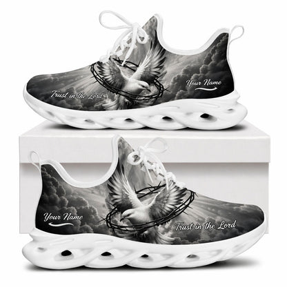 Side view of white-soled Christian sneakers with a gray dove, sharp thorns design, and custom name zone