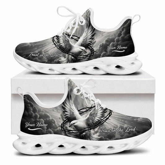 Side view of white-soled Christian sneakers with a gray dove, sharp thorns design, and custom name zone