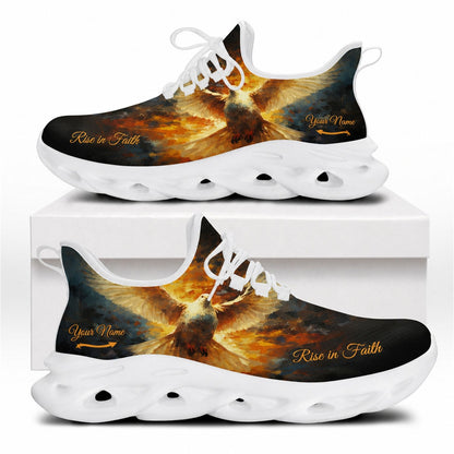 Side profile of Christian Jesus shoes showing the abstract fiery orange clouds and dove on white outsoles