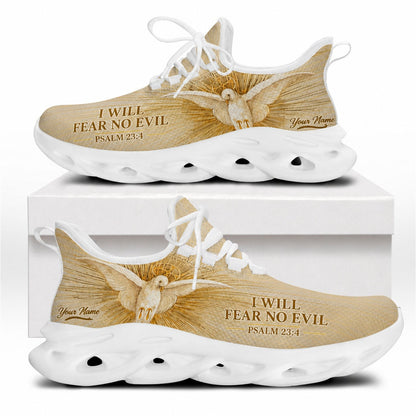 Side profile of Christian Jesus sneakers showing the radiating gold dove and scripture on white outsoles