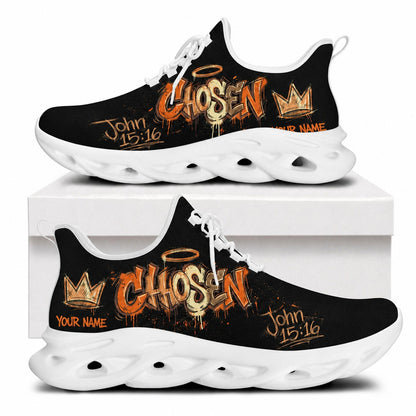 Side profile of Christian Jesus shoes showcasing the vibrant orange graffiti faith design on white outsoles