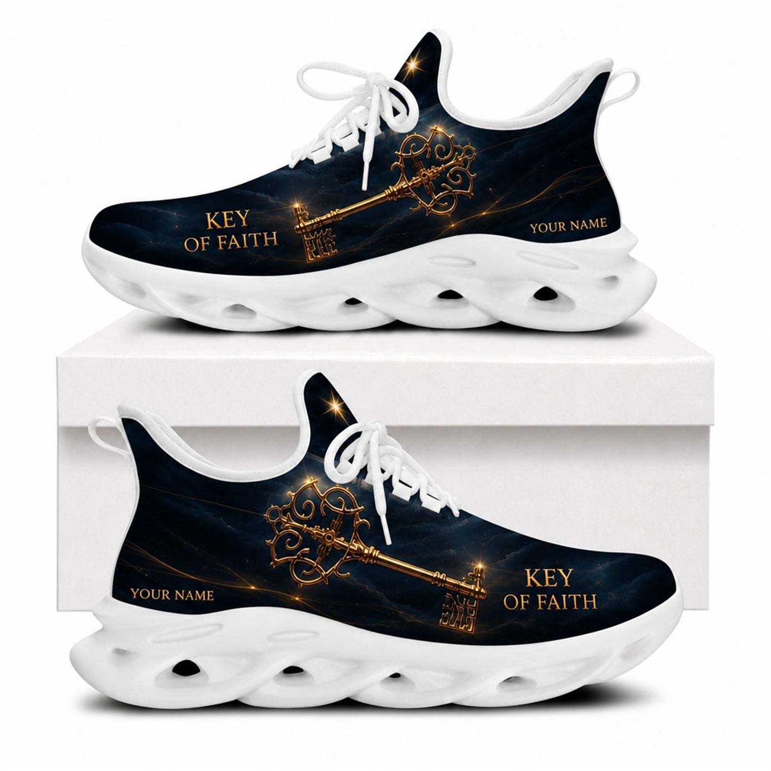 Side profile of Christian Jesus shoes showing the sacred gold key on a crisp white traction outsole