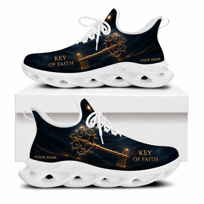 Side profile of Christian Jesus shoes showing the sacred gold key on a crisp white traction outsole
