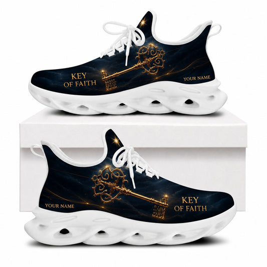 Side profile of Christian Jesus shoes showing the sacred gold key on a crisp white traction outsole