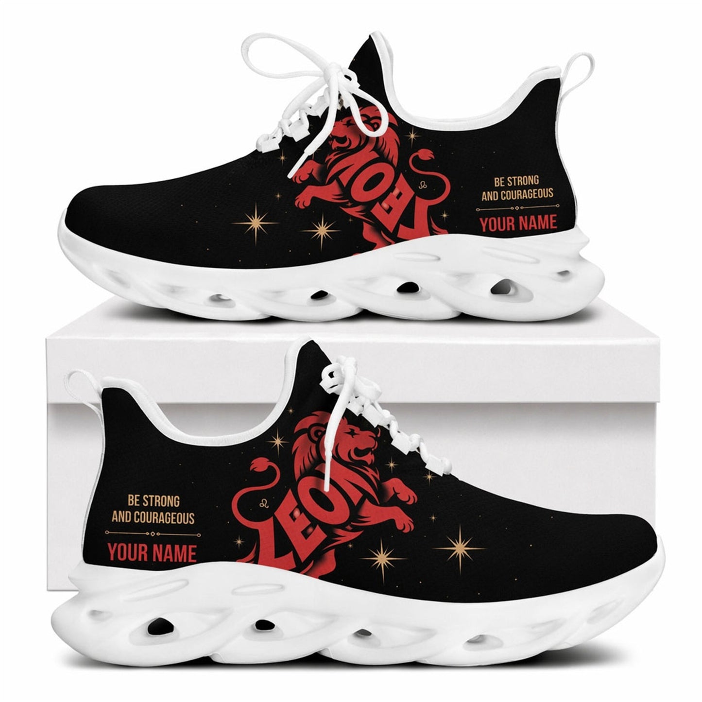 Side profile of Christian Jesus shoes showcasing the red stylized Leo lion design on white traction outsoles
