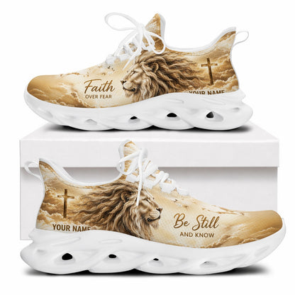 Side profile of Christian Jesus shoes showcasing the majestic lion and "Be Still" scripture on white outsoles
