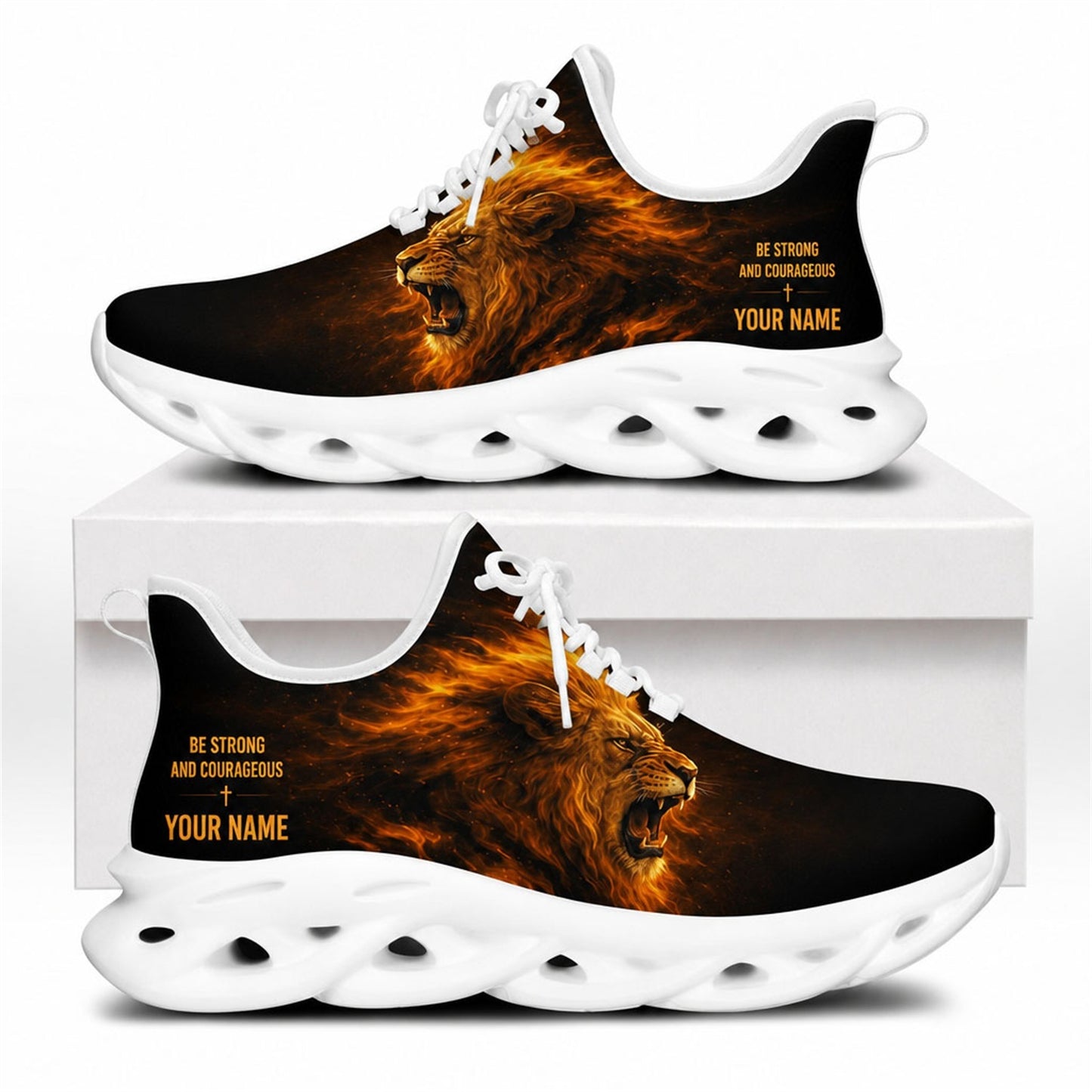 Side profile of Christian Jesus shoes showcasing the fiery lion design on white traction outsoles
