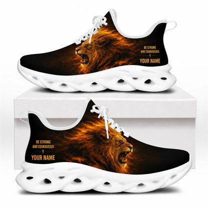 Side profile of Christian Jesus shoes showcasing the fiery lion design on white traction outsoles