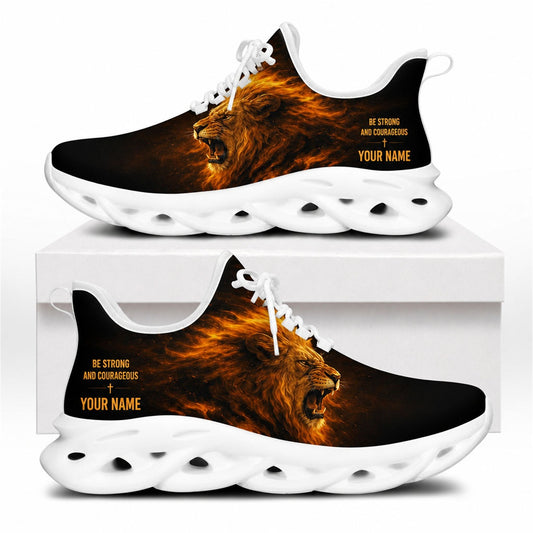 Side profile of Christian Jesus shoes showcasing the fiery lion design on white traction outsoles