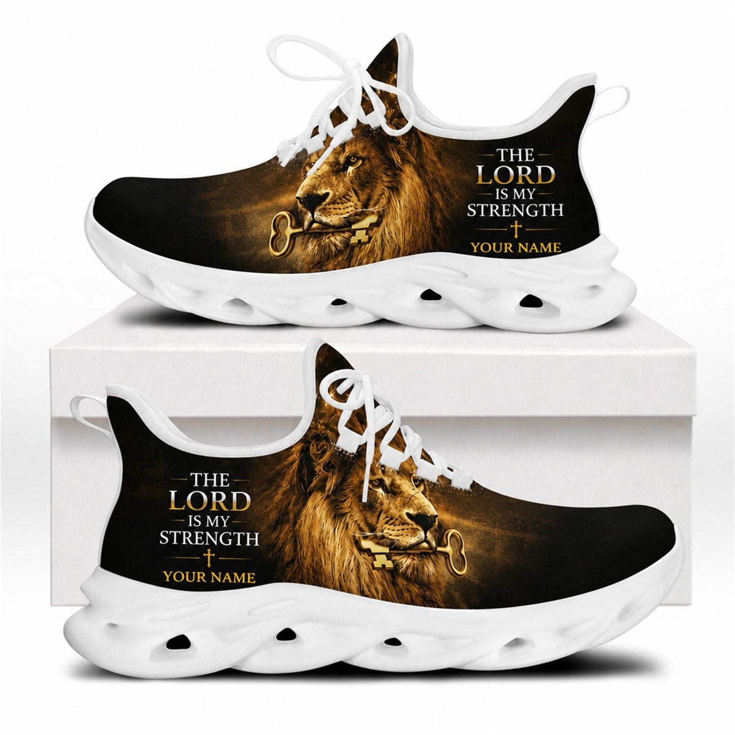 Side profile of Christian Jesus shoes showing the lion with a golden key on a white traction outsole