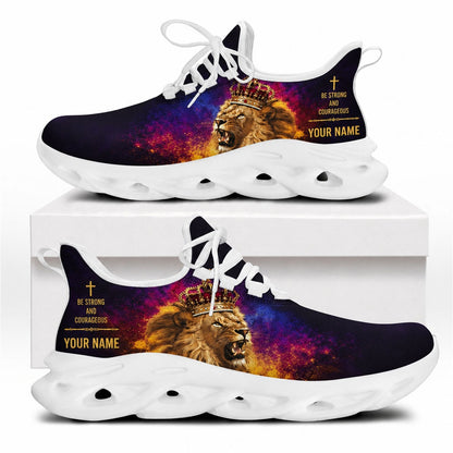 Side profile of Christian Jesus shoes showcasing the roaring lion and purple galaxy design on white outsoles