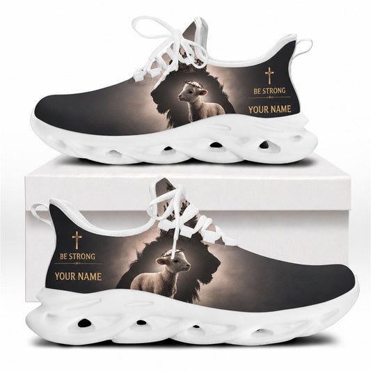 Side profile of Christian Jesus shoes showcasing the sepia lion and lamb faith design on white outsoles