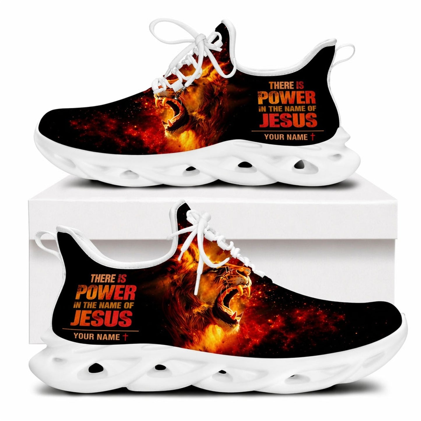 Side profile of Christian Jesus shoes showcasing the fiery lion of Judah design on white traction outsoles