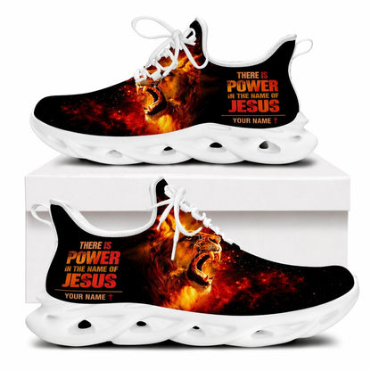 Side profile of Christian Jesus shoes showcasing the fiery lion of Judah design on white traction outsoles